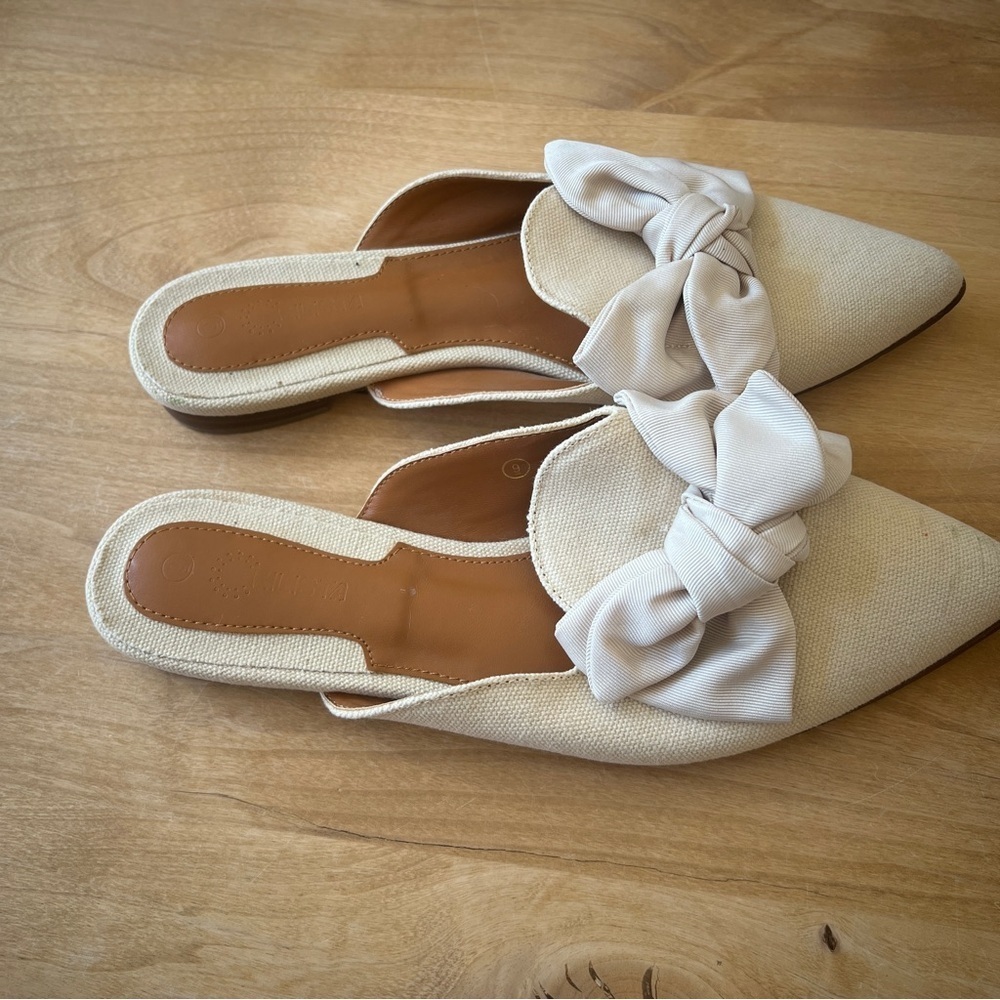 SOLD RILISTA MULES SLIP ON POINTED TOE LARGE BOW LIGHT KHAKI FABRIC UPPER 9 - Picture 5 of 10